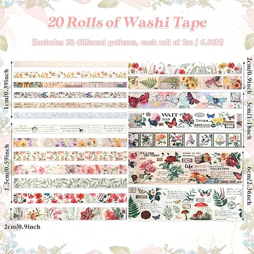 Washi Tape Set 20 Rolls Vintage Washi Tape Self-Adhesive Floral Tape Scrapbook Paper Tape Floral Patterns Decorative Tape for Scrapbook Journal DIY Craft Scrapbooking Journal Supplies Gift Wrapping