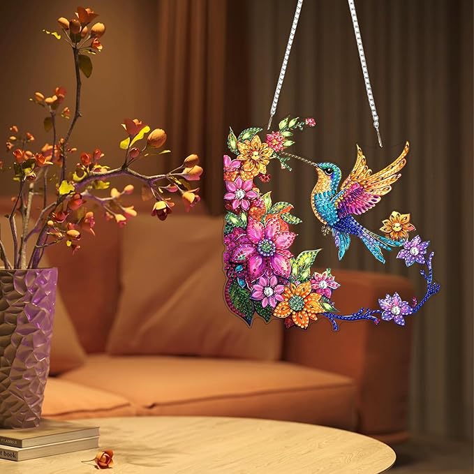 Lxmsja DIY Hummingbird Diamond Painting Hanging Ornament, Double-Sided Acrylic Colorful Flowers Diamond Art Kit, Special Shaped Suncatcher Hanging Pendant Window Art Kit 8x8 inch