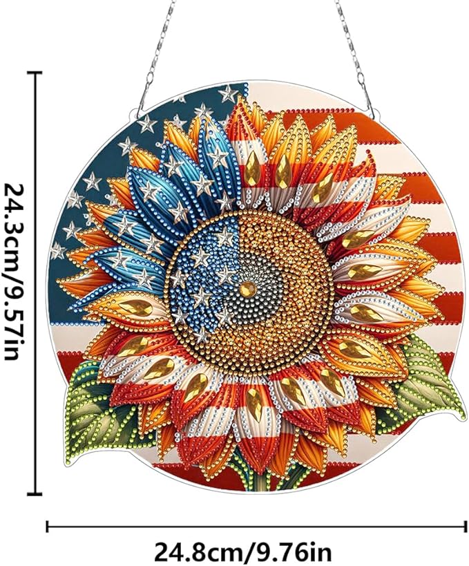 POETRYDRAW DIY Hanging Diamond Art Pendant Kit Independence Day Sunflower, Special Crystal Diamonds Painting Ornament for Adults, 5D Diamond Art Suncatchers Double Sided Board Gem Painting Box Kit