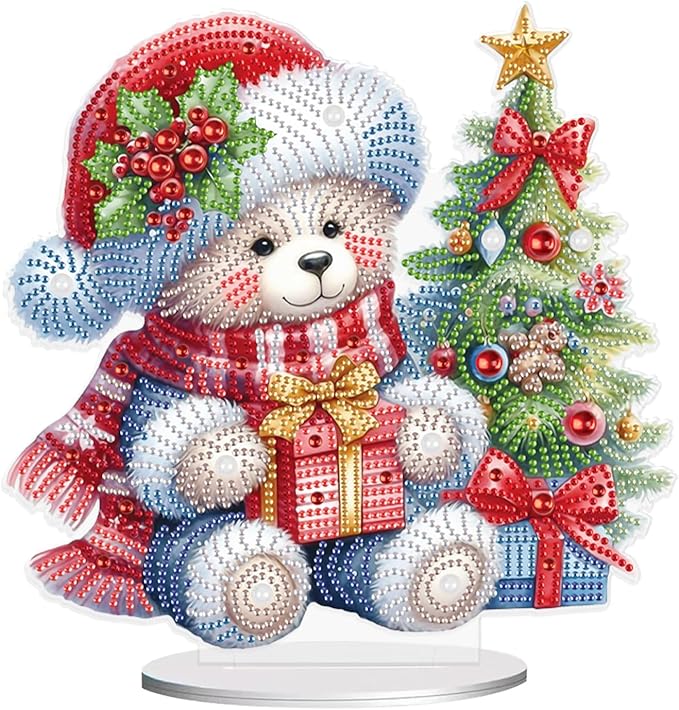 MVVMTOP Christmas Diamond Painting Kits Tabletop Decoration, DIY Bear & Christmas Tree, 5D Diamond Art Home Ornament by Number Mosaic Arts Crafts for Home Office Acrylic Tabletop Decor, New Year Gift