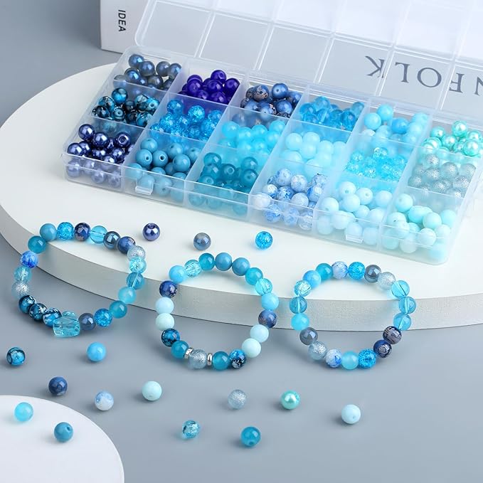 DUQGUHO 8mm Blue Beads for Jewelry Making Blue Glass Beads for Crafts Round Bead Bracelet Kit 360PCS