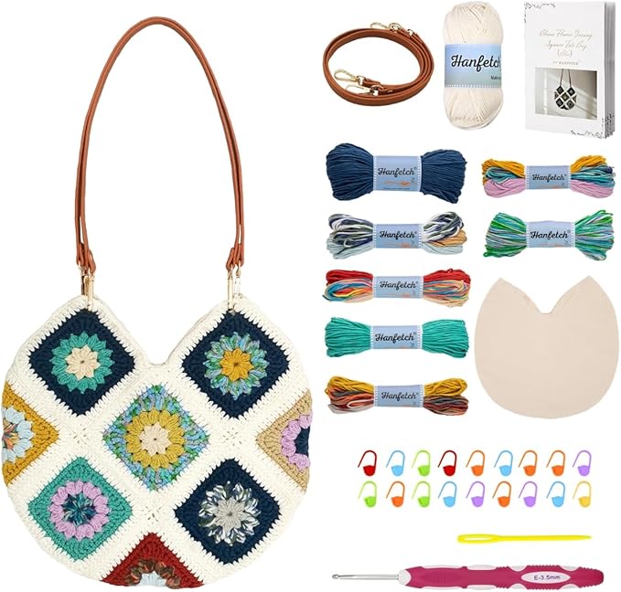 Hanfetch Crochet Kit for Advanced or Intermediate Beginner, Step by Step Video Tutorial and Detailed Guide Instruction DIY Craft Supplies for Adult and Kid with Complete Kit for Granny Square Tote Bag