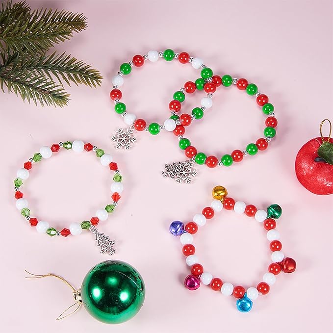 SUNNYCLUE 1 Box 263Pcs 6 Sets Christmas Adjustable Bracelet Making Kit Snowflake Christmas Tree Holiday Jingle Bells Winter Charms Red Green Beads for Jewelry Making Kits Women Adults Xmas Gifts