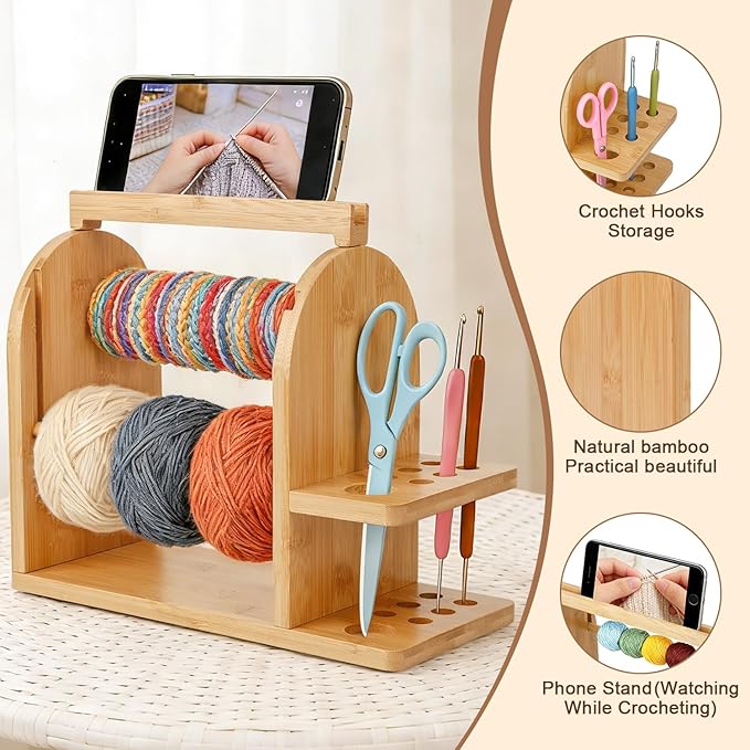 Durable Wooden Yarn Holder for Crocheting and Knitting with Built-in Phone Stand Crochet Kits for Beginners Yarn Storage Accessories Organizer Gifts for Crocheters with Dual Rods and Tool Holder
