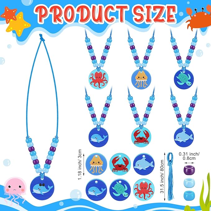 Ecally 24 Sets Under The Sea Bead Necklaces Making Kit Summer Ocean DIY Craft Blue Purple Bead Sunday School Craft Sea Animals Sharks Turtles Pendant Necklaces Themed Party Supplies Beach Party Favor