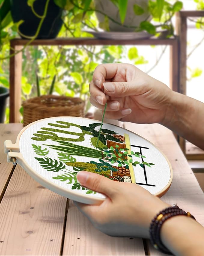TINDTOP Embroidery Kit for Adult, Owl Embroidery Kit for Beginners Include Embroidery Cloth Hoops Threads for Craft Lover Hand Stitch with Embroidery Skill Techniques (Cactus)