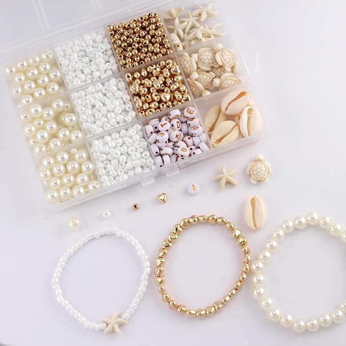 Assorted Beads for Jewelry Making DIY Crafts Bracelet Making Kit with Natural Shells, White Color Turquoise Turtles Starfish Beads for Summer Beach Bracelet Necklace for Women(1000pcs 8 Styles)