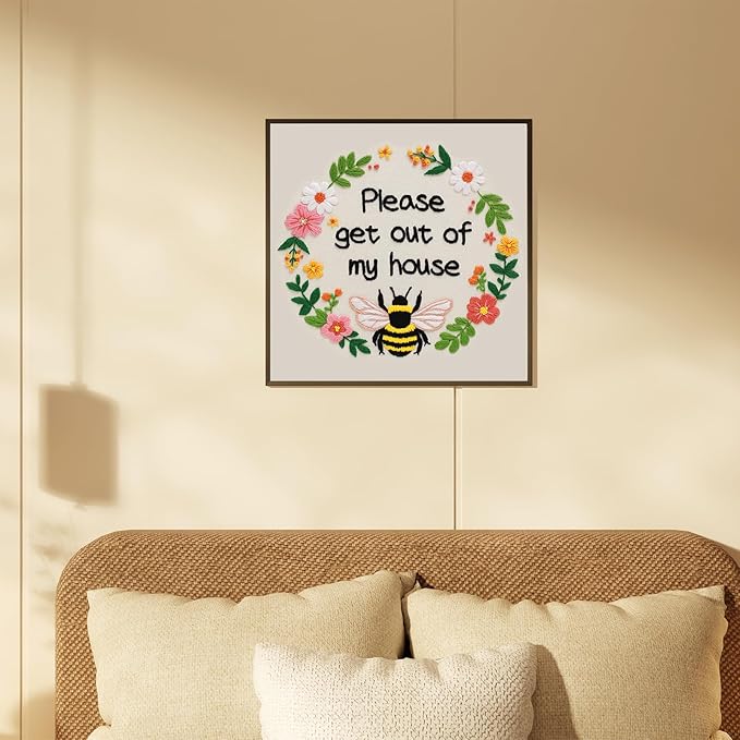 Nuberlic Funny Bee Embroidery Kits for Beginners, Please Get Out of My House Embroidery Kit for Adults- Easy Cross Stitch Starter Kit with Printed Fabric, Hoop, Needles Instruction and Threads