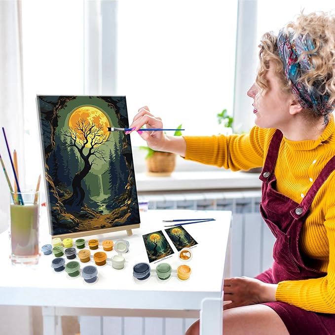 JOOZ Paint by Numbers Kit for Adults with Frame Moon Paint by Number with Easel Tree Adult Paint by Number Kits Framed Canvas Mountain Waterfall Oil Painting Kits for Gift Home Wall Decor 8x12 Inch
