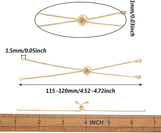 FASHEWELRY 5Pcs Brass Adjustable Slider Bracelet 9.4" Slider Extender Chains with Cubic Zirconia Ends for Bracelet Jewelry Making (Golden)