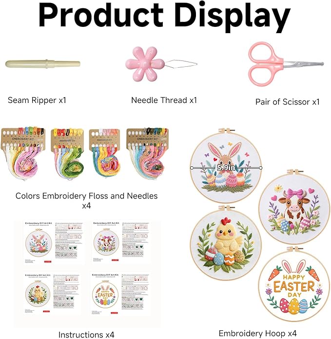 BBLYBD Easter Embroidery Kit, 4 Set Cross Stitch Craft Kits for Beginners with Pre-Printed Embroidery Fabric, Hoops, Step-by-Step Instructions, Color Threads & Needles (Easter)