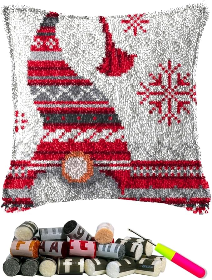 Latch Hook Kits Pillow Christmas Hat Crochet Yarn Cushion Colour Pre-Printed Canvas Rug Needlework DIY Pillowcase Hook and Latch Kit Home Arts Crafts Sofa Decoration 42x42cm/16X16inch