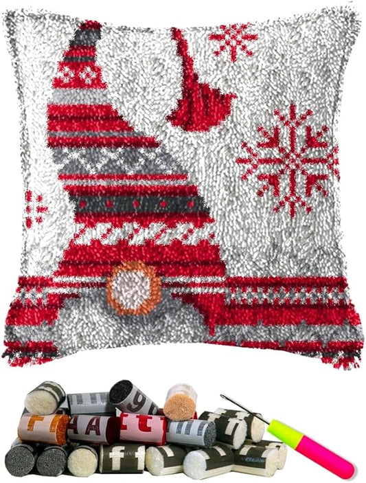 Latch Hook Kits Pillow Christmas Hat Crochet Yarn Cushion Colour Pre-Printed Canvas Rug Needlework DIY Pillowcase Hook and Latch Kit Home Arts Crafts Sofa Decoration 42x42cm/16X16inch