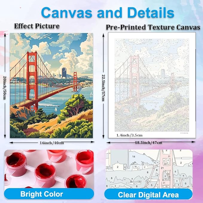 Artunion Golden Gate Bridge Paint by Numbers Kit for Adults,San Francisco Paint by Number Kits, DIY Oil Painting Paint by Number Kits on Canvas Arts Craft for Home Wall Decor 16x20 Inch