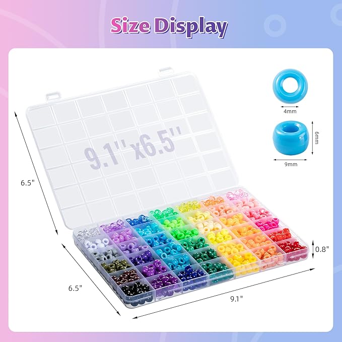 Simetufy 42 Colors Pony Beads, 750Pcs Rainbow Plastic Beads for Bracelet Making Hair Braiding DIY Crafts Kandi Jewelry Key Chains Christmas Gifts