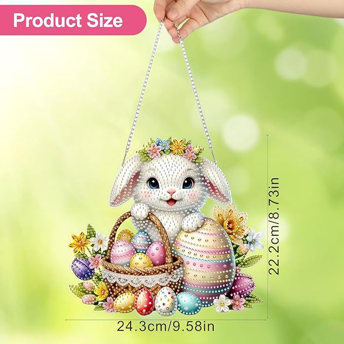 CEOVR Easter Hanging Diamond Art for Adults, Easter Bunny Egg Diamond Painting Pendant DIY Rabbit Gem Art Wall Hanging Ornament, Acrylic Home Garden Decor with Chain, Box Kit 9.58×8.73inch