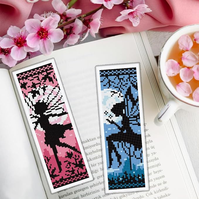 ORIGACH 6 Set Fairy Silhouette Cross Stitch Bookmark Kit for Beginner with Backing Felt Floss Instructions DIY Stamped Embroidery Bookmark Kit for Adults, Book Lovers