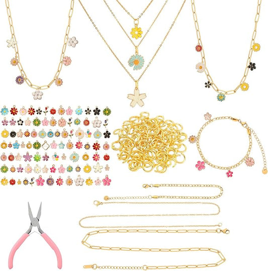 Tondiamo 207 Pcs Jewelry Making Kit DIY Bracelet, Necklace, Ring Set Bangle Charm Bracelet Making Kit with 100 Charms 100 Jump Rings and Tools for Women Beginner Arts and Craft Gift(Floral)