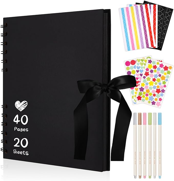 8 x 8 Inch Small Black Scrapbook Album, 40 Pages Photo Album with Black Pages, Kraft Paper Hardcover Memory Book with DIY Accessories Kit for Mother's Day Wedding Travel