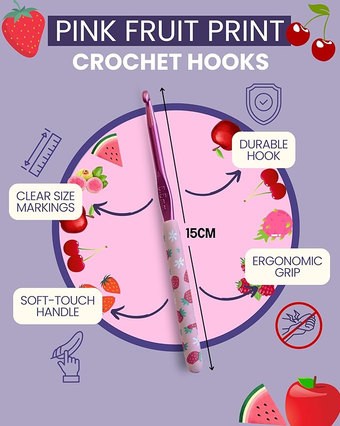 The Quilted Bear Pink Fruit Crochet Hook Set - 12 Ergonomic Soft Grip Crochet Hooks Set with Light Polymer Clay Handle for Comfortable Crocheting & Knitting (2mm-8mm)