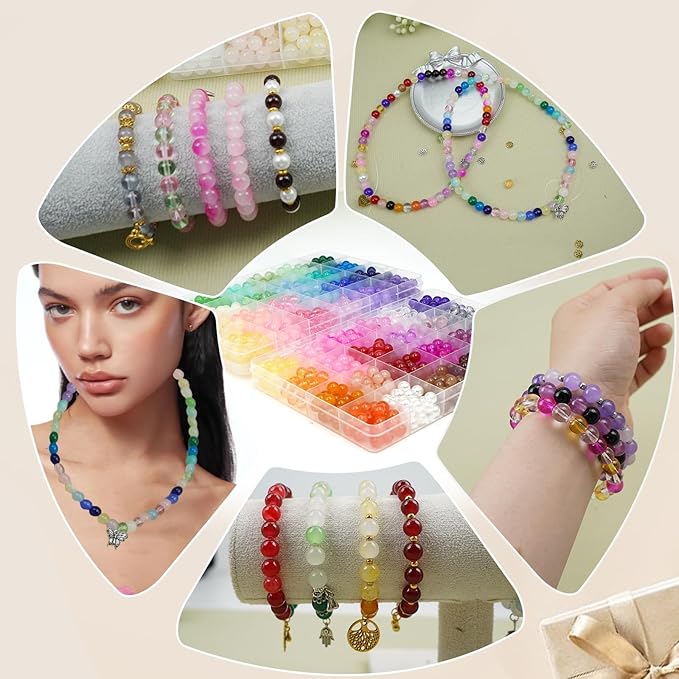 Hanyoung 8mm Glass Beads for Bracelet Making kit,48 Colors 1450 pcs Clear Glass Beads for Jewelry Making, Crystal Round Bracelet kit for DIY Craft Gifts (Solid Color)