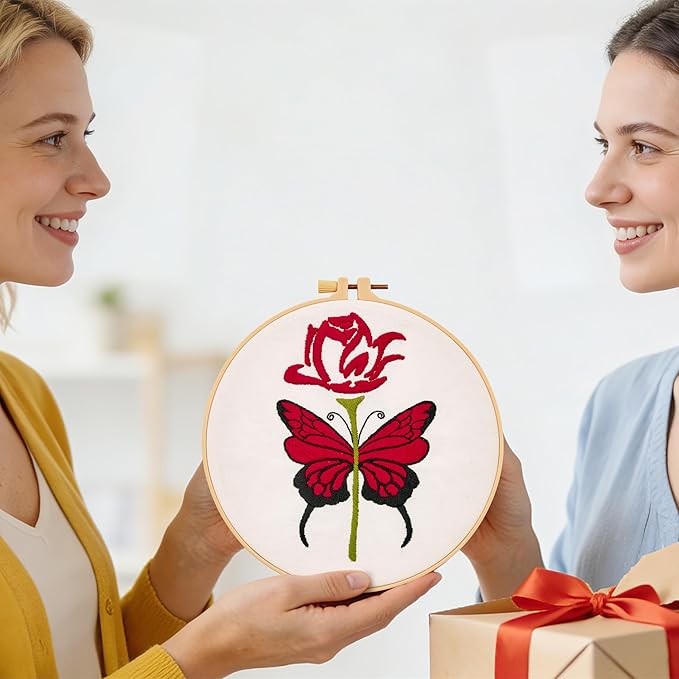 Butterfly Rose Embroidery Kits for Beginners Adults, Valentine's Day Hand Embroidery Kits, Cross Stitch Kits for Adult Anniversary Valentine's Gifts, Entire Set of Embroidery Supplies & Video Tutorial