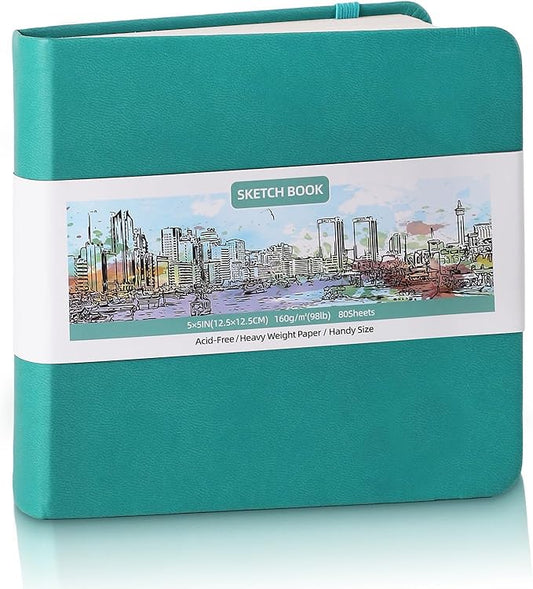 Hardcover Pocket Sketchbook, 5" x 5" Square Mini Sketchbook, 98lb/160gsm Heavyweight Tiny Sketch Book, 80 Sheets Small Travel Drawing Journal for Adults, Artist, Ideal for Gift (Dark Blue)