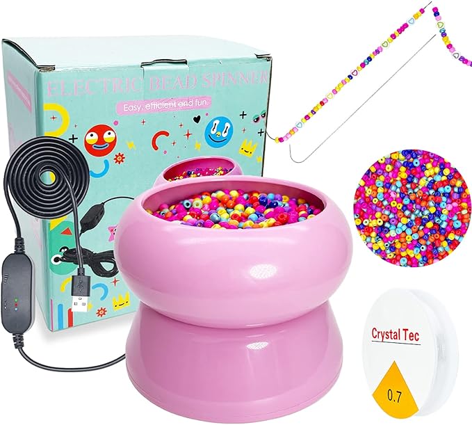 Xmada Electric Bead Spinner - Bead Spinner with 2PC Beading Needles and Seed Beads, Waist Beads Kit, Bead Spinner for Jewelry Making, Electric | Speed Adjustment Beading Tools (Pink)