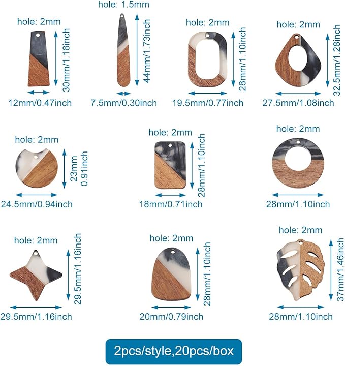 Beadthoven 20pcs/10 Pairs Ink Pattern Resin Wood Charms DIY Bohemian Earrings Black Clear Resin Wood Pendants Natural Wooden Pieces Tag Assorted Pendants for Fashion Jewelry Making Necklace Keychain