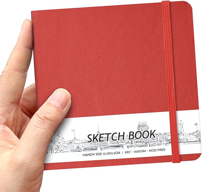 qianshan 5" x 5" Hardcover Sketch Book,Small Mixed Media Sketch Pad,58 Sheets 150GSM Acid-Free Artist Drawing Paper,Travel Journal Blank Notebook for Adults Painting,Illustration,Art Supplies.Red