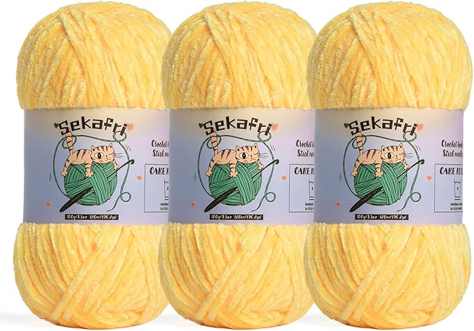 3 Pack of 300g (590yds) Fuzzy Chenille Yarn for Crocheting,Fluffy Amigurumi Crochet Yarn for DIY Craft/Hat/Clothes, Soft Velvet Baby Blanket Yarns（3 Light Yellow）