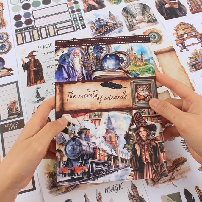 The Secrets of Wizards Sticker Book for Journaling Collage, 20 Sheets Precut Transparent PET Washi Matte Paper Materials Stickers for Scrapbooking, Junk Journal Supplies, Planner