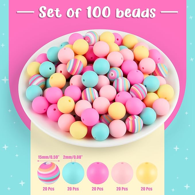 ASTARON 100 Pcs 15mm Silicone Beads for Keychain Making, Rainbow Round Beads Bulk for Bracelets Crafts Beadable Pens Decorations Jewelry Making Supplies