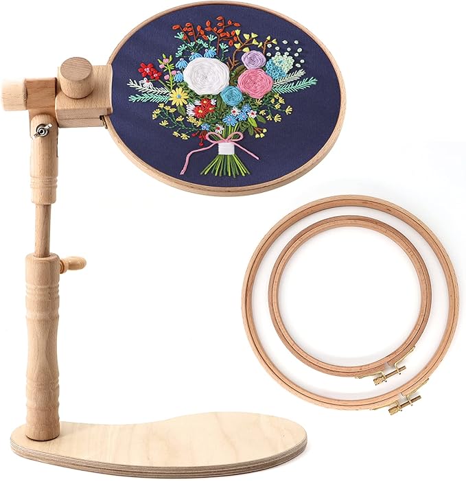 zocone beech wood adjustable rotated embroidery hoop stand with 2 pcs 6'' 8'' embroidery hoops, wooden embroidery stand, embroidery hoop holder for cross stitch and embroidery project (a)