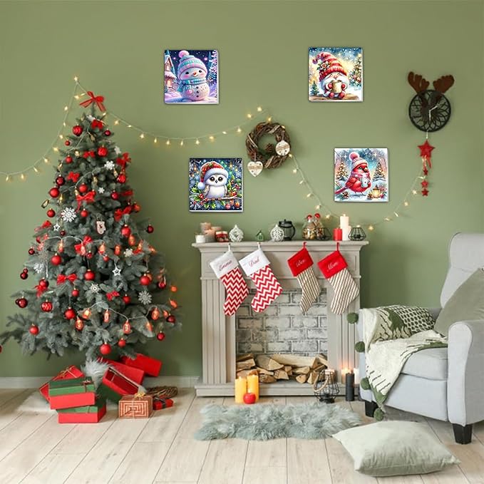 4 Pack Christmas Paint by Number for Kids with Wooden Frame, Paint by Numbers for Kids Xmas Ages 4-8-12, Easy Cardinal Gnome Snowmen Owl DIY Acrylic Oil Painting Kits for Home Wall Decor (8X8 inch)
