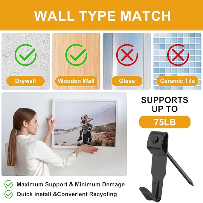 KURUI Picture Hangers, 385Pcs Picture Hanging Kit with Heavy Duty Picture Hanging Hooks, Sawtooth, Hardware Nails and Picture Hanging Tool, Wall Hangers for Frame, Painting, Art, Photo (Black)