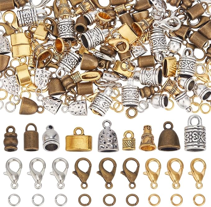SUNNYCLUE 1 Box 210pcs Leather End Caps Kumihimo Bead Caps Vintage Antique Golden Silver Tube Barrel Rope Tassel Cord Ends Terminal Kits Lobster Clasp Open Rings for Jewelry Making Kit Women Bracelet