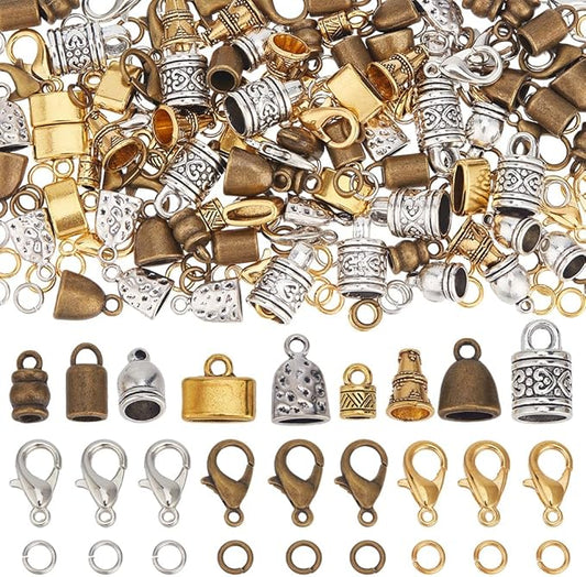 SUNNYCLUE 1 Box 210pcs Leather End Caps Kumihimo Bead Caps Vintage Antique Golden Silver Tube Barrel Rope Tassel Cord Ends Terminal Kits Lobster Clasp Open Rings for Jewelry Making Kit Women Bracelet
