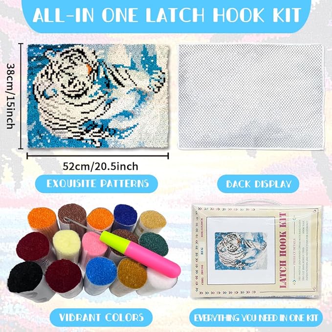 ORIGACH White Tiger Latch Hook Rug Kits, Color Stamped Grid Cloth Handmade Rug, Pattern Printed Carpet Kit, DIY Crochet Rug for Adults Home Decoration Festival Gifts 52 x 38 cm