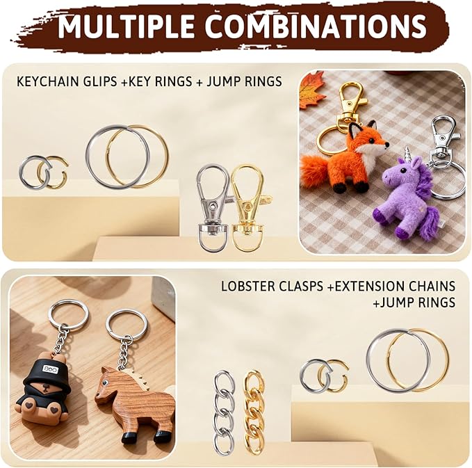 KIAFUM 1000-Piece Keychain Making Kit - Gold and Silver Lobster Claw Clasps, Key Rings, Jump Rings, Charms & Chains for DIY Craft Supplies, Jewelry Making, Bag Charms, and Lip Gloss Lanyards