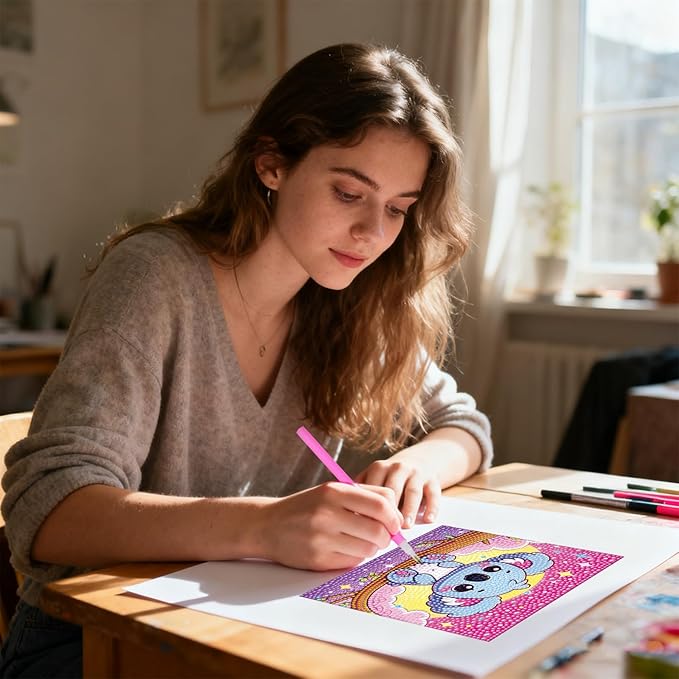 PERFECTSIGHT Cute 5D Diamond Art Kits with Wooden Frame, Kawaii DIY Painting Art for Adults, Diamond Arts and Crafts Sets, Big Gem Full Drill Diamond Dots for Women (Pink Koala)