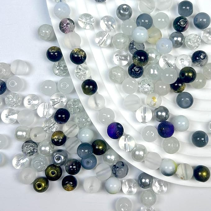 300pcs 8mm Glass Beads, 24 Colors Assorted Glass Beads for Jewelry Making, Black and White Series Round Spacer Bead Kit for Bracelet Necklace DIY Craft