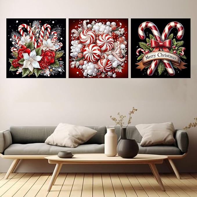 EIBEILI Christmas Diamond Painting Set, 3-Piece Diamond Painting Set (Adults), 5D Diamond Painting Set (Adults), DIY Round Full Diamond Gemstone Art Painting, Home Wall Decoration, 12 x 12 inches