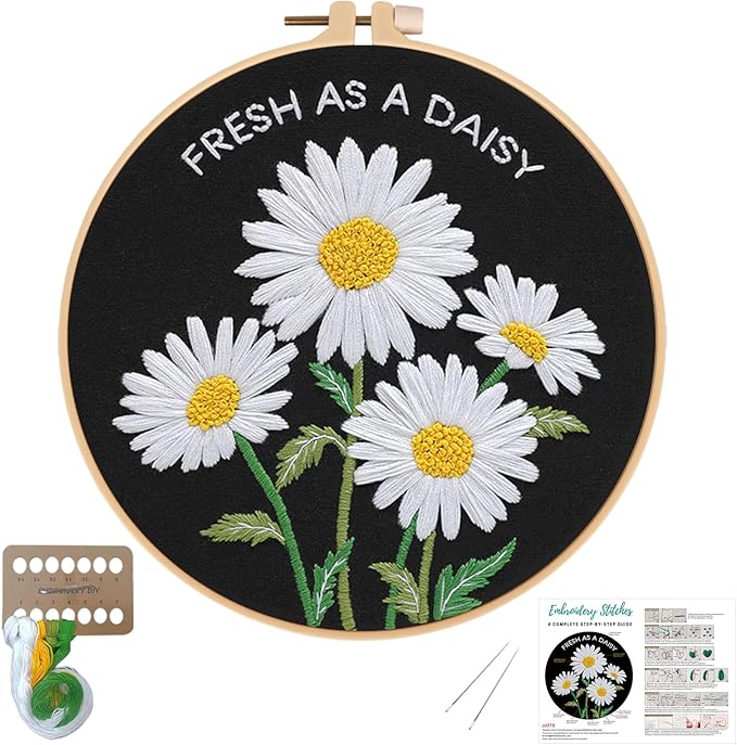 Nuberlic Daisy Embroidery Kits for Beginners, DIY Cross Stitch Starter Kit for Adults Including Cloth with Pattern, Hoop, Needles Instruction and Threads