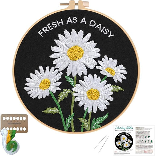 Nuberlic Daisy Embroidery Kits for Beginners, DIY Cross Stitch Starter Kit for Adults Including Cloth with Pattern, Hoop, Needles Instruction and Threads