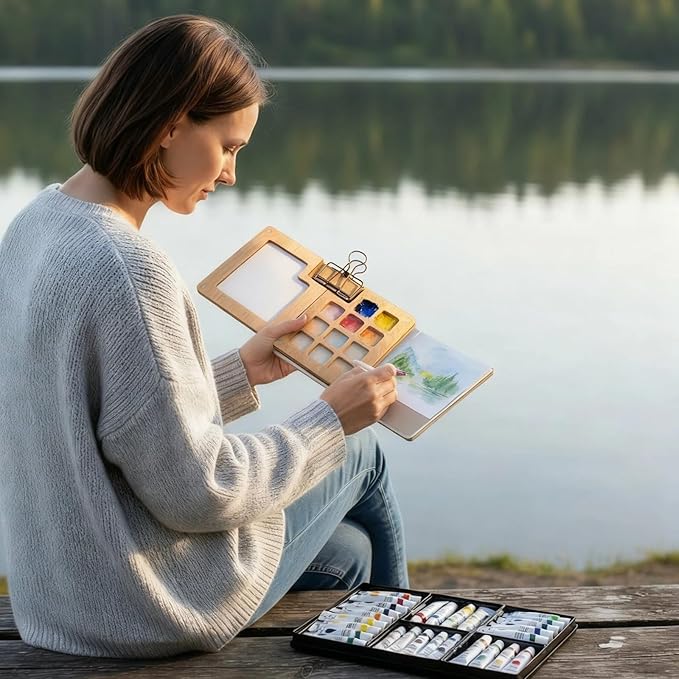 Mini Watercolor Paint Set - Mini Paint Palette Travel Kit, Portable Artist Palette Sets with 24 Colours, 2 Books, Pens, Binder Clips, Storage Bag, Watercolor Travel Kit for Beginners, Artists & Painting Enthusiasts (15 Grids)
