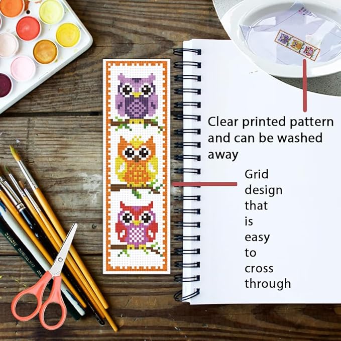 ORIGACH 6 Set Cross Stitch Bookmark Kit for Beginner Owl Pattern DIY Stamped Embroidery Bookmark Kit with 13 Colors Embroidery Floss Instructions