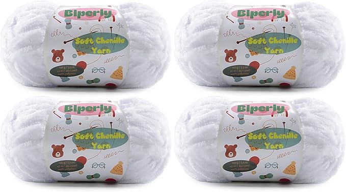 4 * 100g Velvet Chenille Chunky Yarn for Crocheting - 49.2yds per Skein Plush Fluffy Yarn - Easy to Use for Baby Blankets, Knitting Creations & DIY Crafts (4, Pure White)