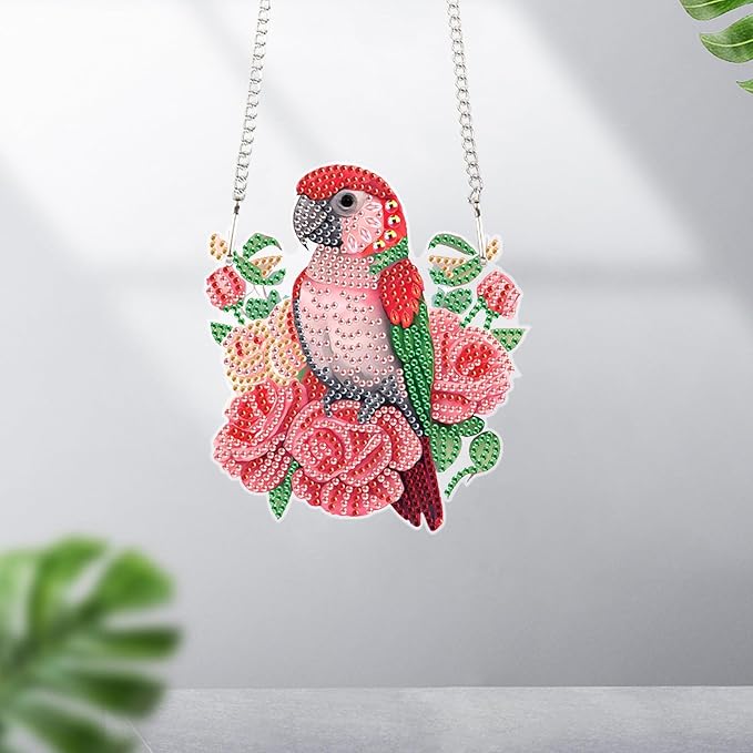 Animal Parrot Diamond Art Painting Kit Ornament with Hanging Chain Flower DIY Diamond Art Acrylic Crystal Hanging Pendant Paint by Number Stained Glass Wall Art for Adults Home Wall Decor Gift