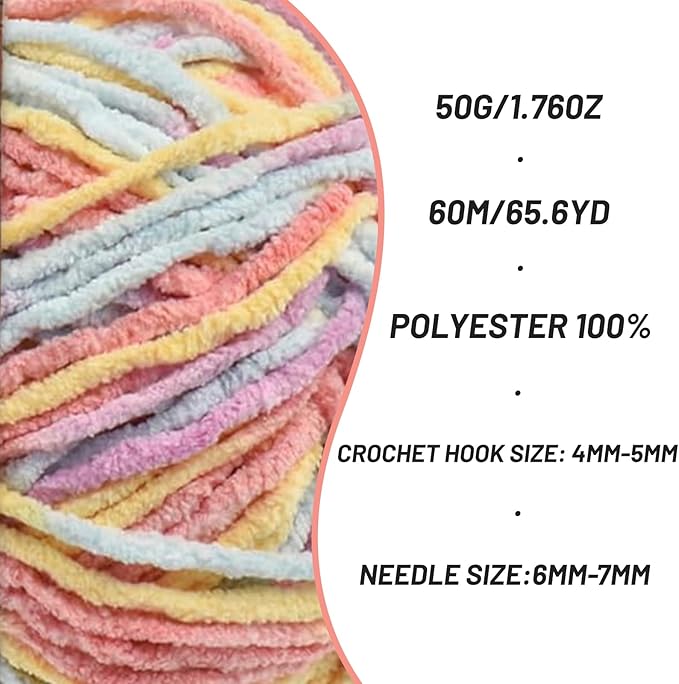 Fluffy Velvet Yarn for Crocheting，Baby Blanket Yarn for Crocheting Soft，50g(65.6yds) Amigurumi Yarns，Plush Chenille Crochet Yarns，Puzzle Yarn for Crochet Weaving Craft(Macaron)